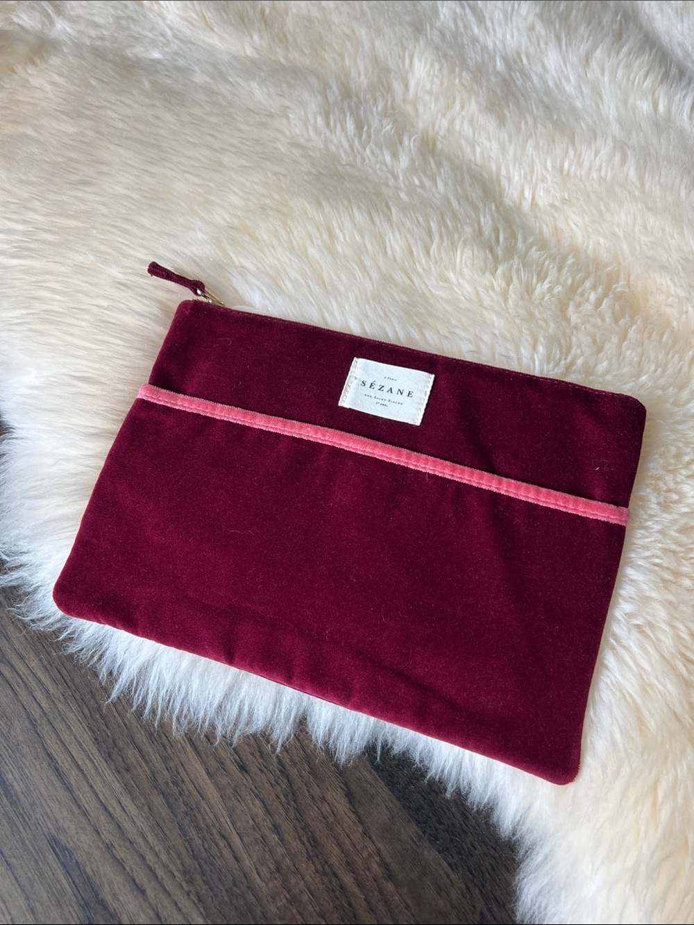 Sezane Burgundy Velvet Zip Pouch with Pink Trim NWOT